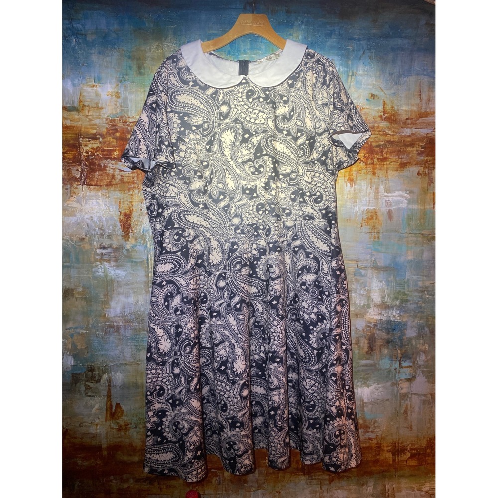 Nemidor Plus Size 18 BlackWhite Paisley Peter Pan Collar Fit & Flare Dress Short